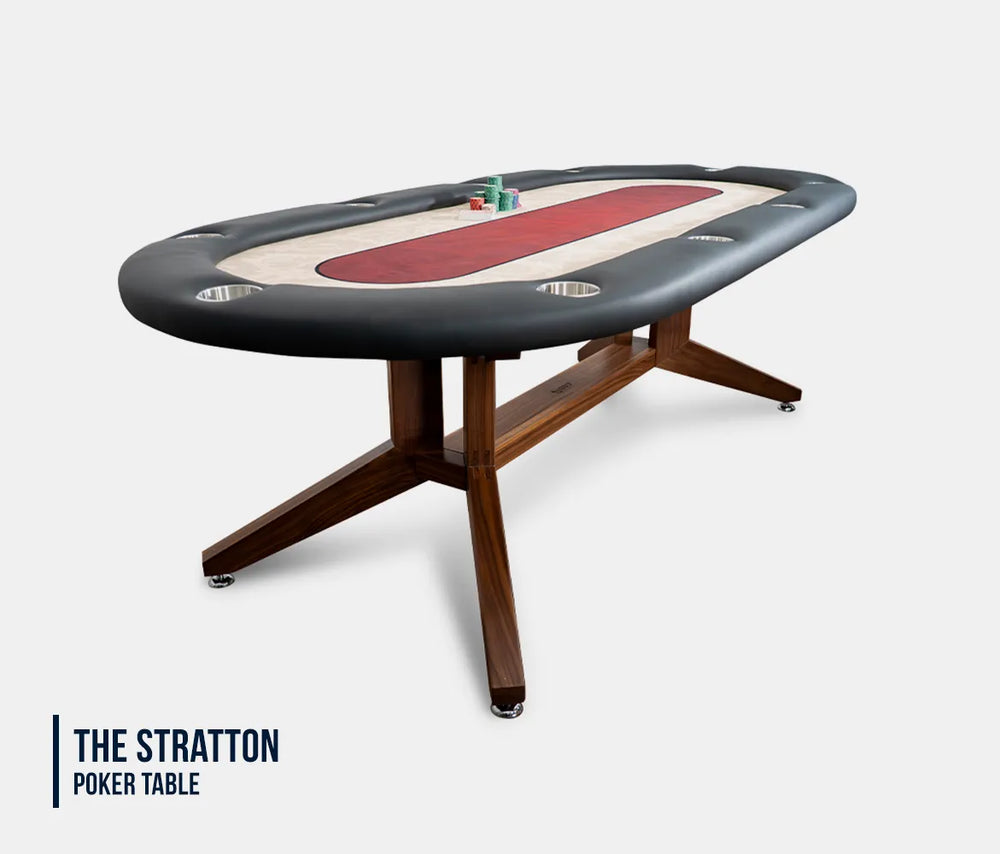 BBO Halo Series Stratton 10-player luxury poker table angled view with red playing surface and stainless steel cup holders