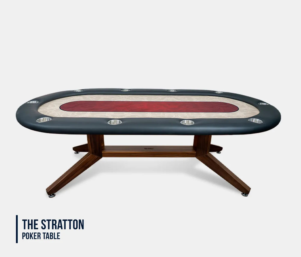 BBO Halo Series Stratton luxury poker dining table in modern concrete interior with upholstered chairs, Black Walnut Color