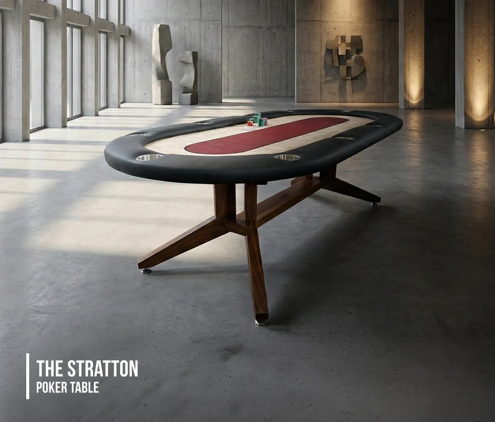 Stratton 10-player luxury poker table with padded rail, cream felt and red center betting area