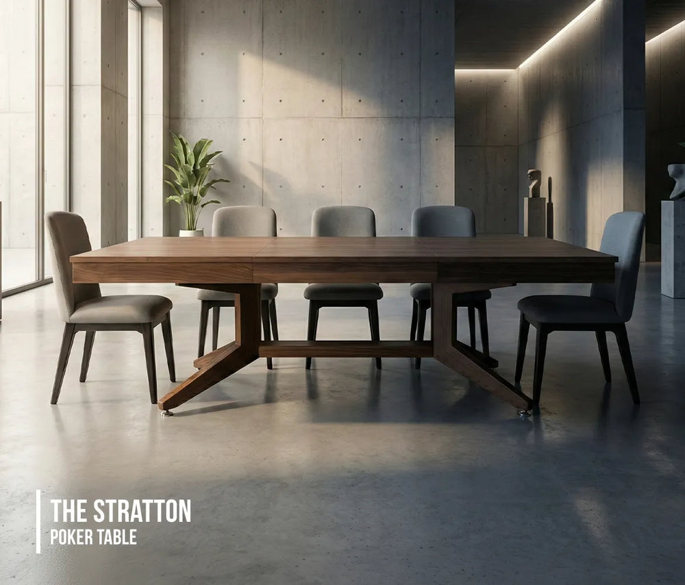 BBO Halo Series Stratton 10-player poker table in contemporary loft with red felt, black rail and chip stacks