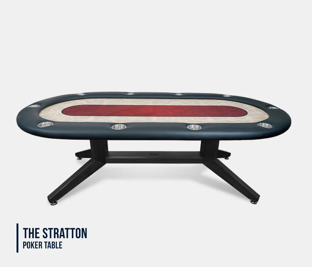 BBO Halo Series Stratton 10-player oval poker table with black finish base, padded rail and integrated cup holders