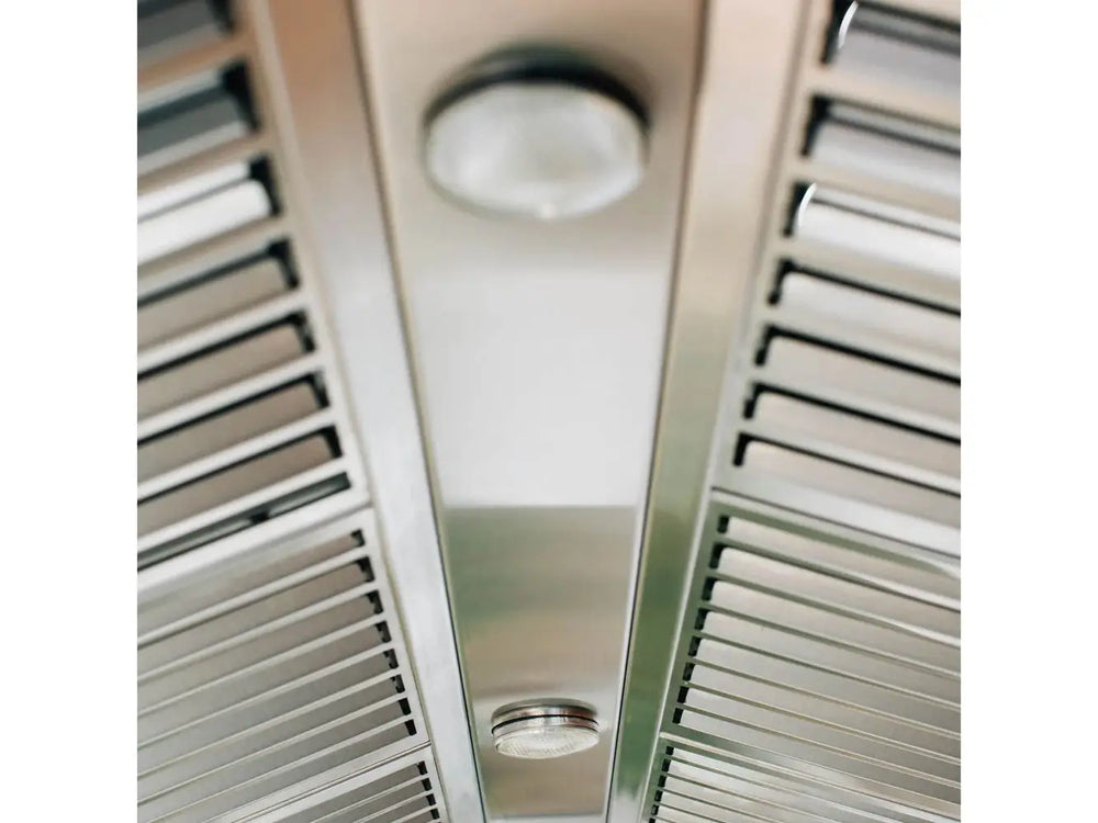 Summerset 36" Outdoor Vent Hood bottom view showing baffle filters and bright LED lighting