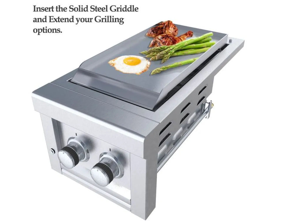 Sunstone SUN13CPRO solid steel griddle insert with egg, chicken, and asparagus cooking surface