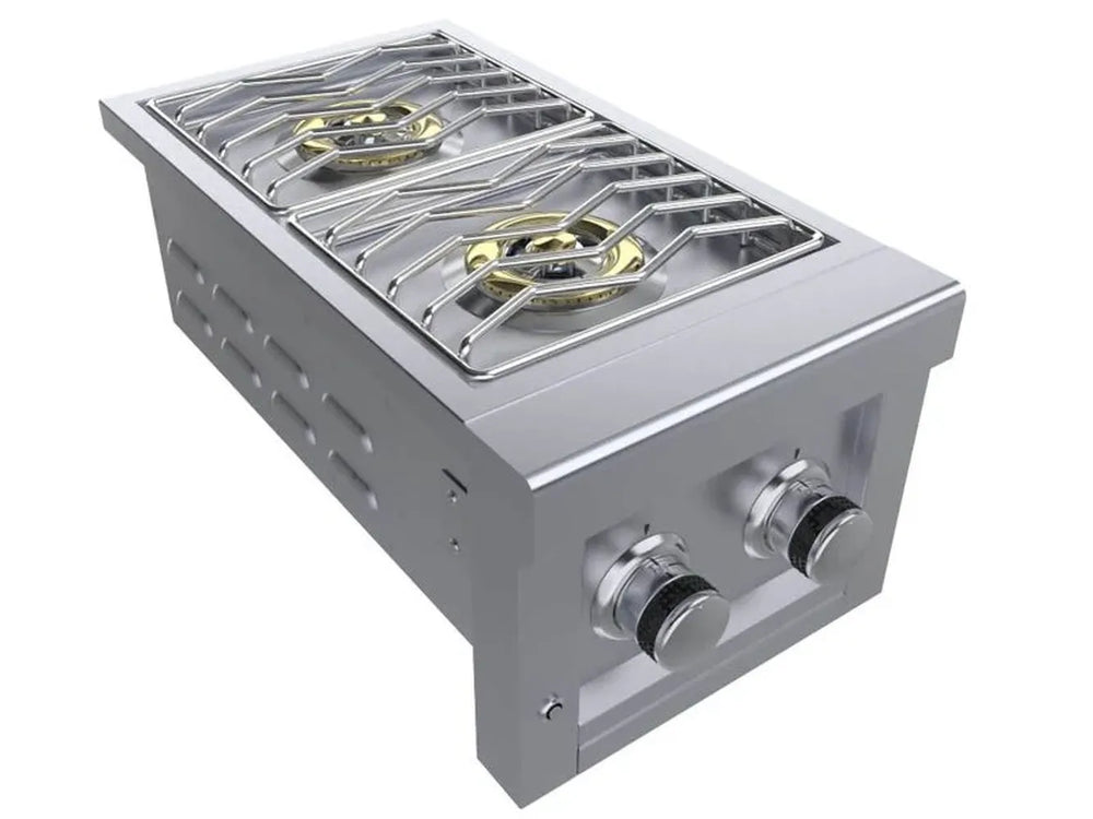 Sunstone SUN13VDB Versa Double Burner open with dual brass burners and heavy-duty cooking grates