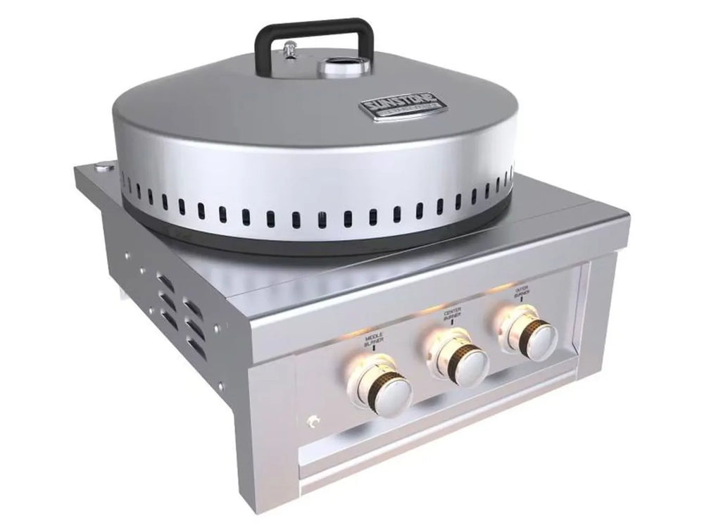 Sunstone SUN24PCB 24-inch gas griddle with large hood, temperature gauge and LED control knobs