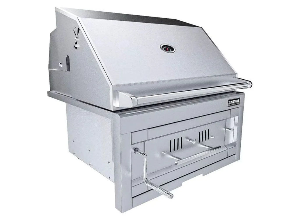 Sunstone SUNCHSZ28 28" built-in charcoal grill with adjustable front vent and burn tray crank