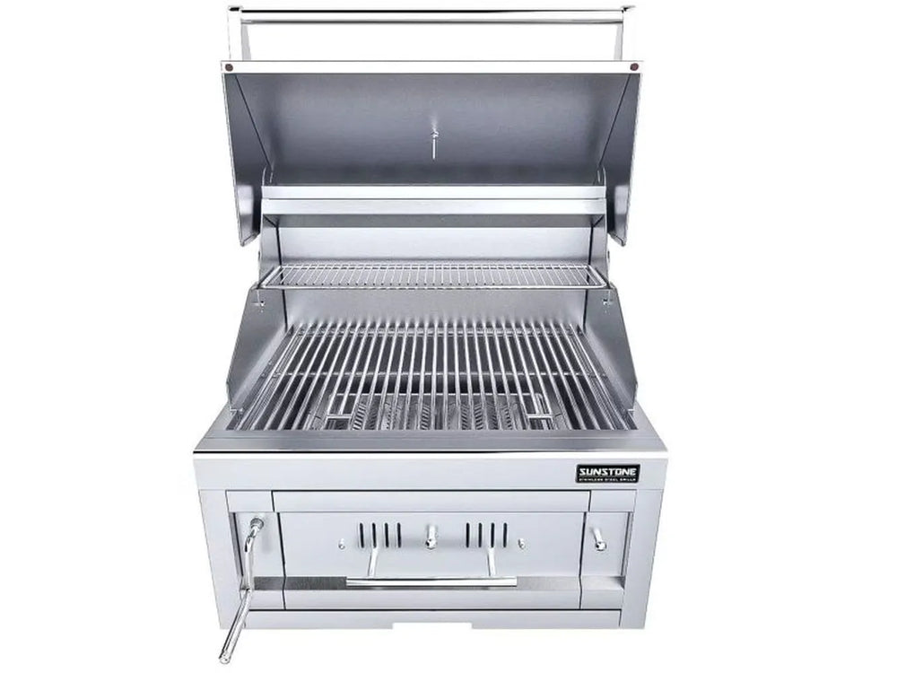 Sunstone SUNCHSZ28 open lid charcoal grill with warming rack and heavy-duty stainless steel cooking grates