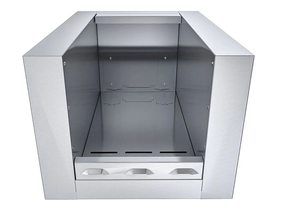 Sunstone SUNJK18 18-inch appliance jacket, front view showing open stainless enclosure for built-in outdoor kitchen appliance installation.