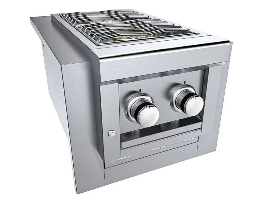 Sunstone SUNJK18 appliance jacket with a built-in side burner installed; 304 stainless protective jacket with front control panel visible.