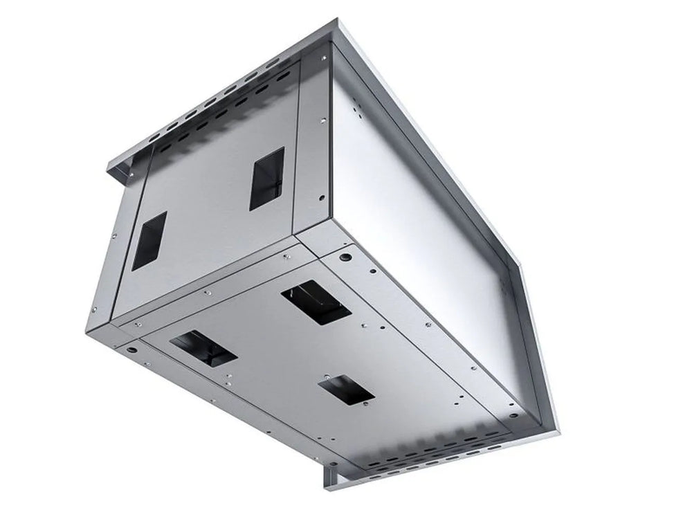 Underside view of Sunstone SUNJK18 18-inch appliance jacket showing mounting base, access cutouts, and stainless construction.