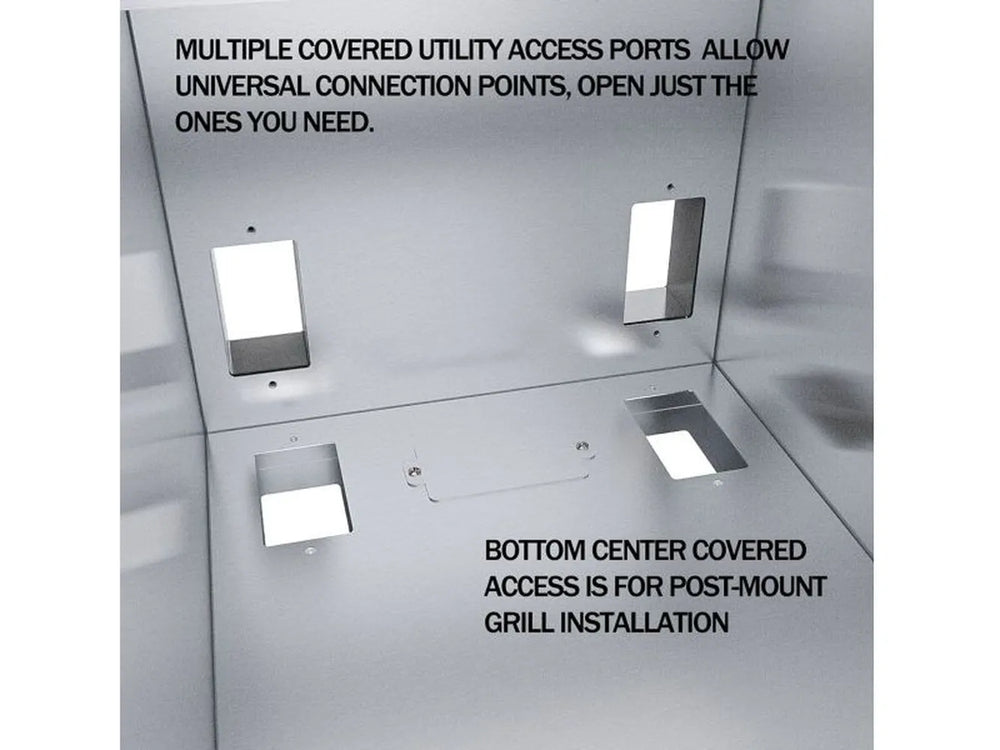 Close-up inside Sunstone SUNJK18 jacket showing multiple covered utility access ports for gas and electrical routing in outdoor kitchens.
