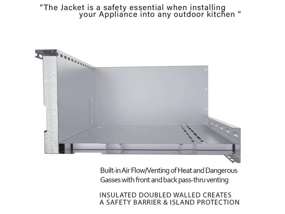 Side profile of Sunstone SUNJK18 insulated double-wall appliance jacket, showing safety barrier design and airflow venting for built-in installs.