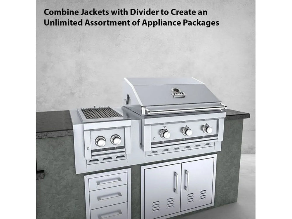 Outdoor kitchen island example using Sunstone appliance jackets and divider with built-in grill and side burner installed in a modular setup.