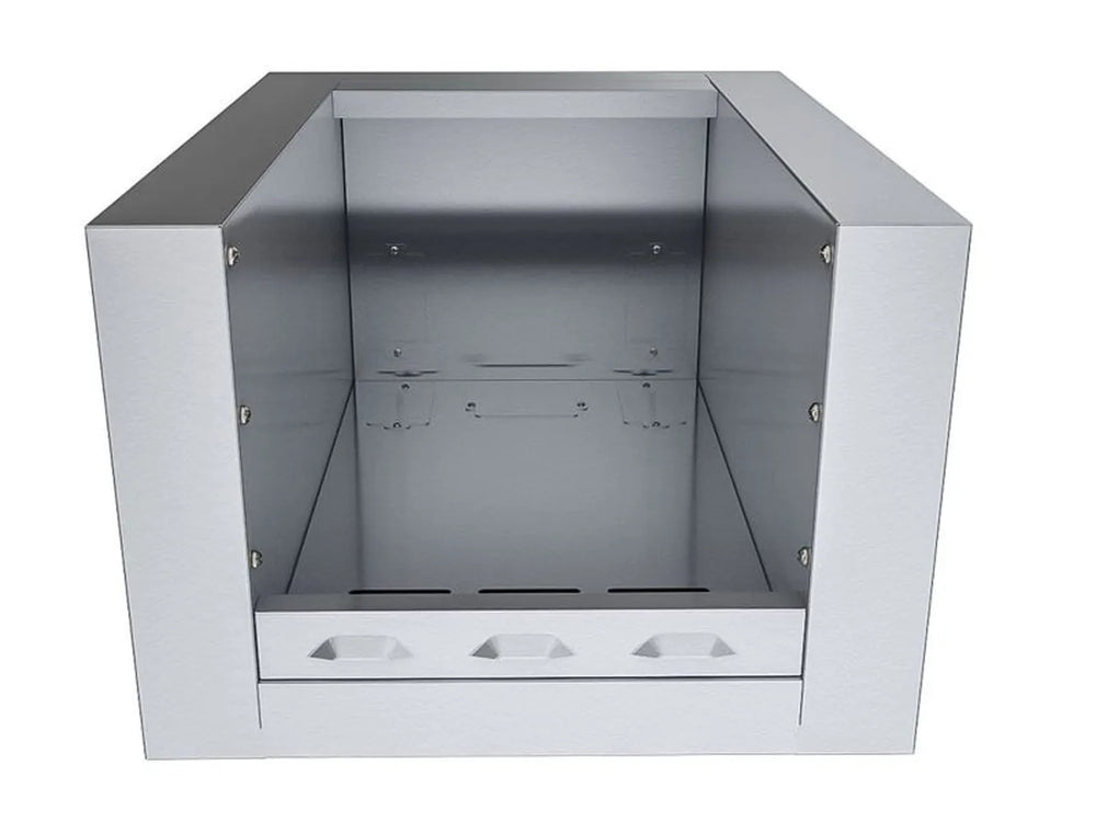 Front view of Sunstone SUNJK20 20-inch 304 stainless appliance jacket, open insulated enclosure for built-in outdoor kitchen installation.