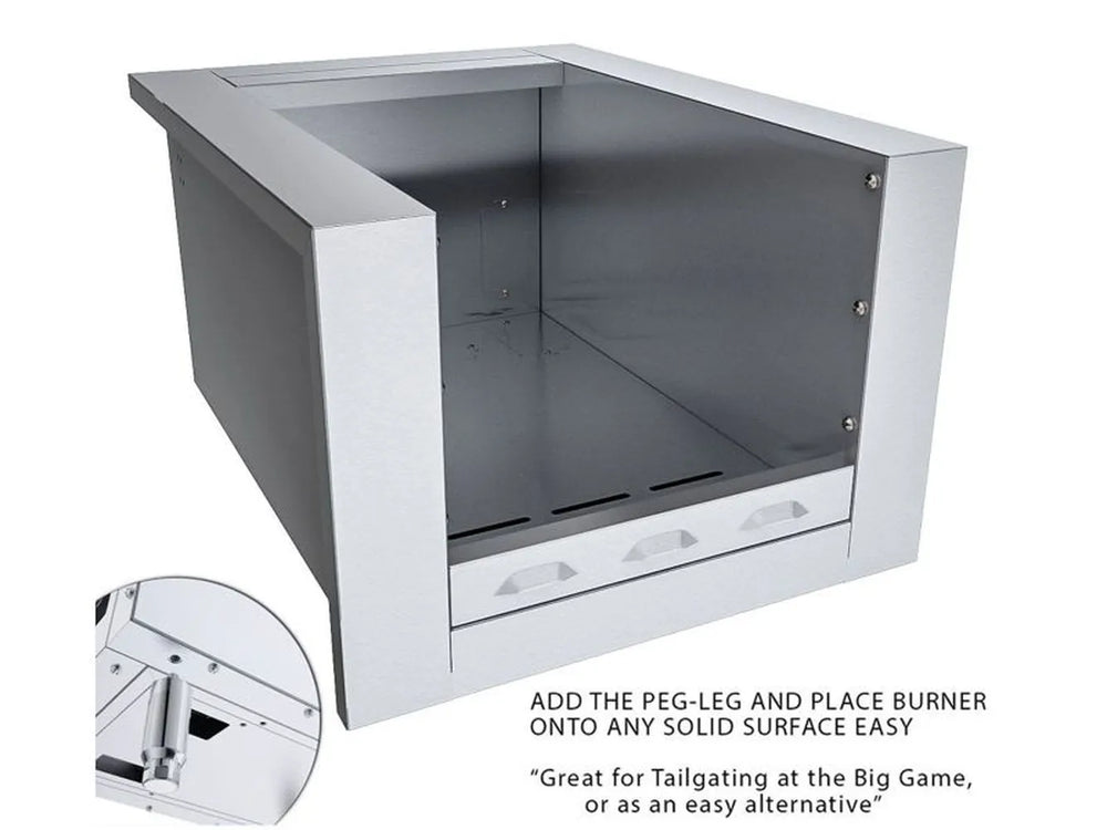 Angled view of Sunstone SUNJK20 appliance jacket showing stainless surround and open cavity; includes callout for optional peg-leg for countertop placement.