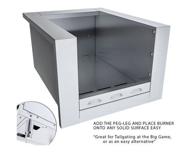 Angled view of Sunstone SUNJK20 appliance jacket showing stainless surround and open cavity; includes callout for optional peg-leg for countertop placement.