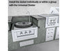 Sunstone outdoor kitchen setup showing a 20" stainless appliance jacket installed in a masonry island with a large round burner on the left and a grill on the right; headline text reads “Install the Jacket individually or within a group with the Universal Divider.