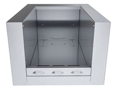 25-inch stainless steel appliance jacket shown from the front, open box-style enclosure with reinforced top flange and vent slots along the bottom.