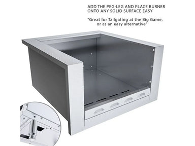 Angled view of the stainless appliance jacket with a small inset showing the optional peg-leg; text notes placing the burner on any solid surface (tailgating/easy alternative).