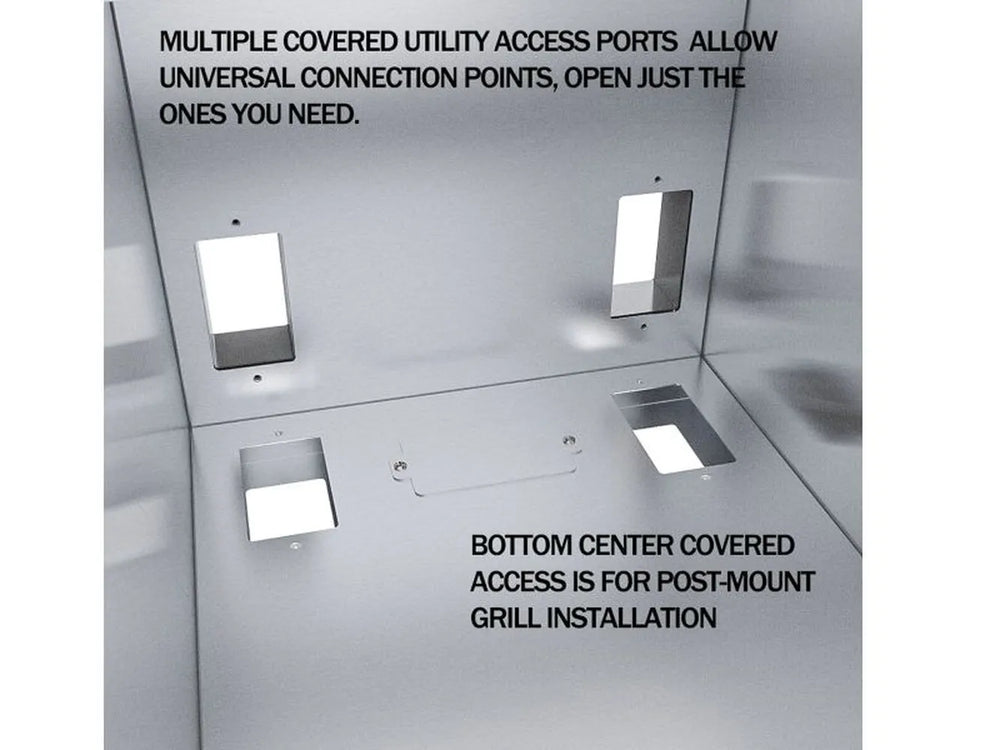 Close-up inside the jacket showing multiple covered utility access ports and a bottom-center covered access panel for post-mount grill installation, explanatory text on image.