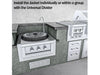 Outdoor kitchen island scene with the appliance jacket installed, showing a round burner/cooktop on the left and a grill unit on the right; headline text mentions installing individually or within a group with the universal divider.