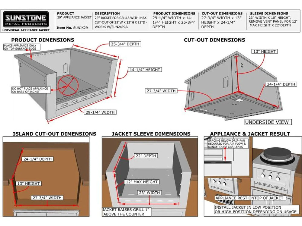 Technical dimension graphic showing product dimensions, cut-out dimensions, island cut-out dimensions, jacket sleeve dimensions, underside view, and an “appliance & jacket result” panel indicating proper spacing/installation.