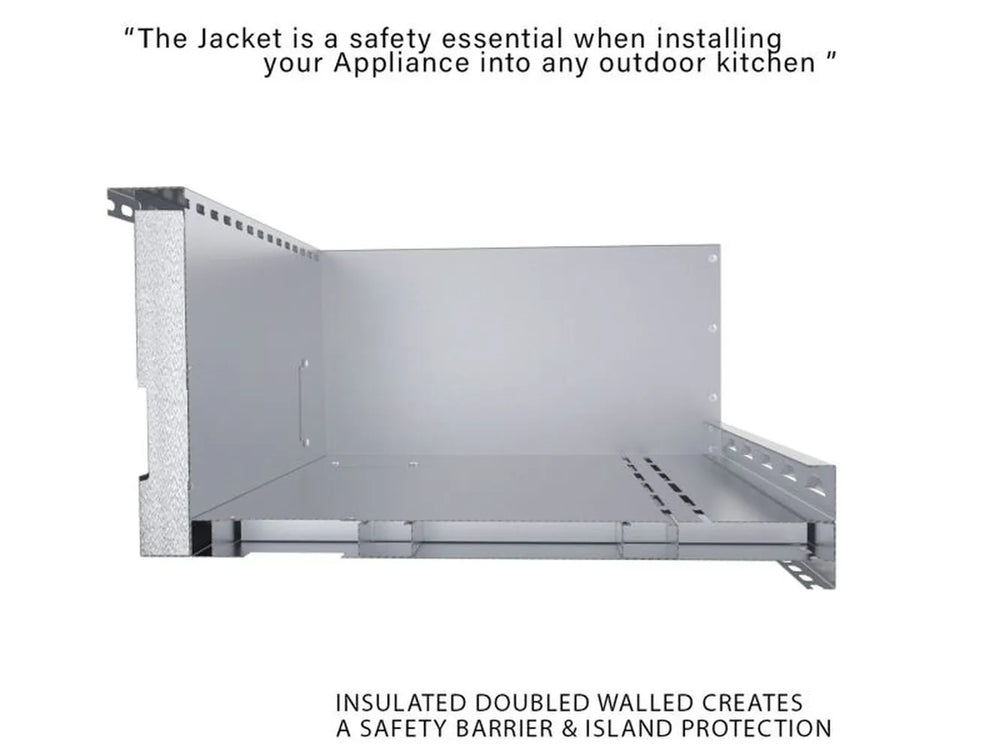 Cross-section cutaway of Sunstone SUNJK29 Appliance Jacket highlighting the insulated double-walled safety barrier for combustible island protection.