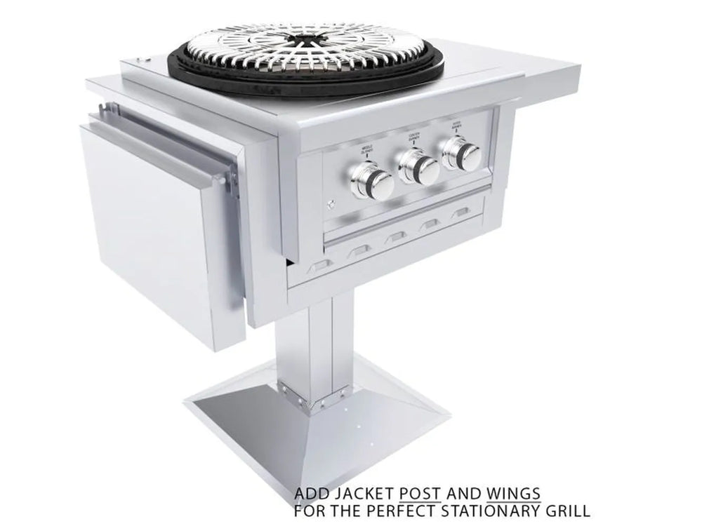 Stainless burner appliance mounted on a pedestal post with side “wings” attached; text reads “Add jacket post and wings for the perfect stationary grill.”