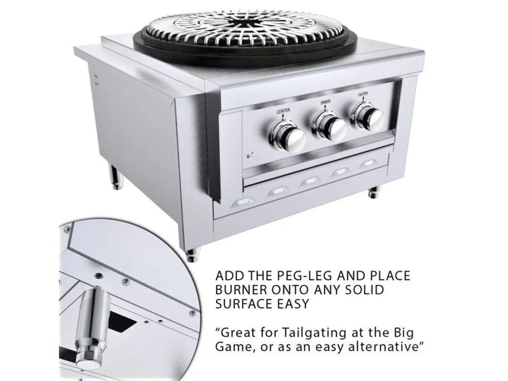 Stainless burner appliance sitting on short peg-legs for countertop/flat-surface use; circular inset shows a close-up of the peg-leg hardware; text mentions tailgating/easy alternative.