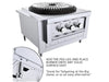 Stainless burner appliance sitting on short peg-legs for countertop/flat-surface use; circular inset shows a close-up of the peg-leg hardware; text mentions tailgating/easy alternative.