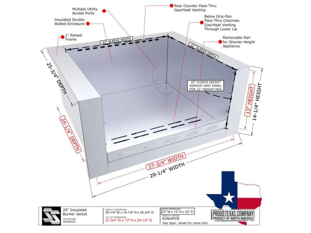 Angled view of the open stainless appliance jacket with callouts showing sleeve width/depth/height, venting notes, insulated double-wall enclosure, and utility access ports; dimension arrows around the jacket.