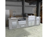 Full outdoor kitchen island scene showing sink on the left, a round power burner in the center section, a larger grill to the right, and storage drawers/doors below.