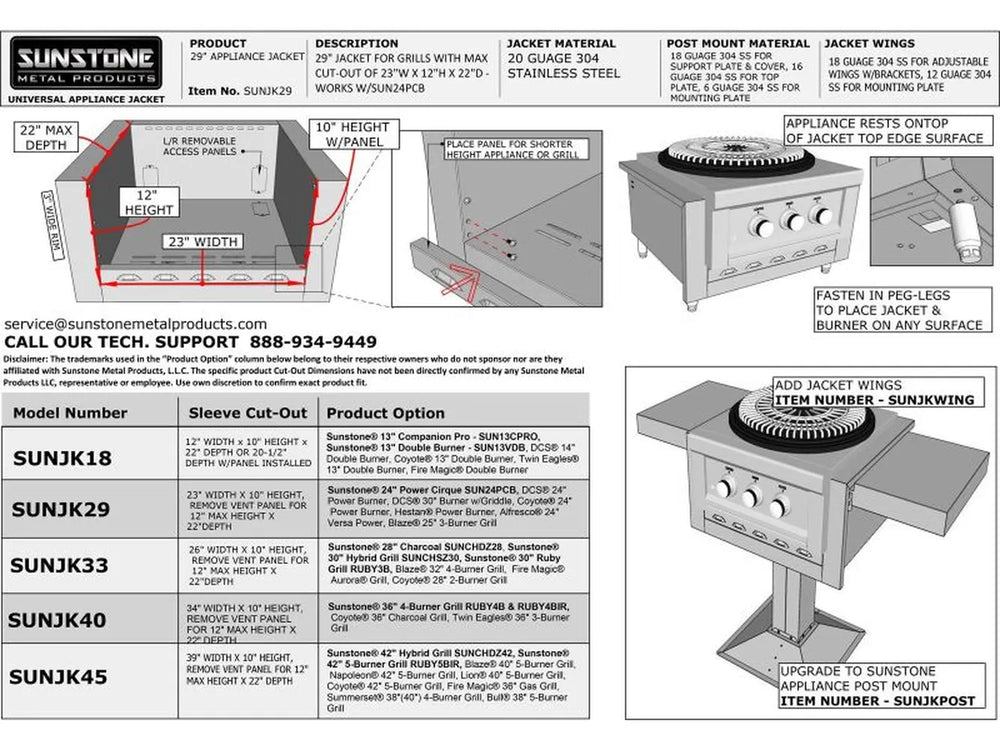 Sunstone “Universal Appliance Jacket” spec sheet with product description, materials, diagrams for sleeve cut-out, and a model compatibility table; includes illustrations of jacket wings and post-mount upgrade.