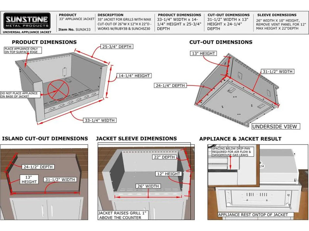 Detailed installation diagram for Sunstone SUNJK33 showing island cut-out requirements and proper appliance placement on the jacket frame.