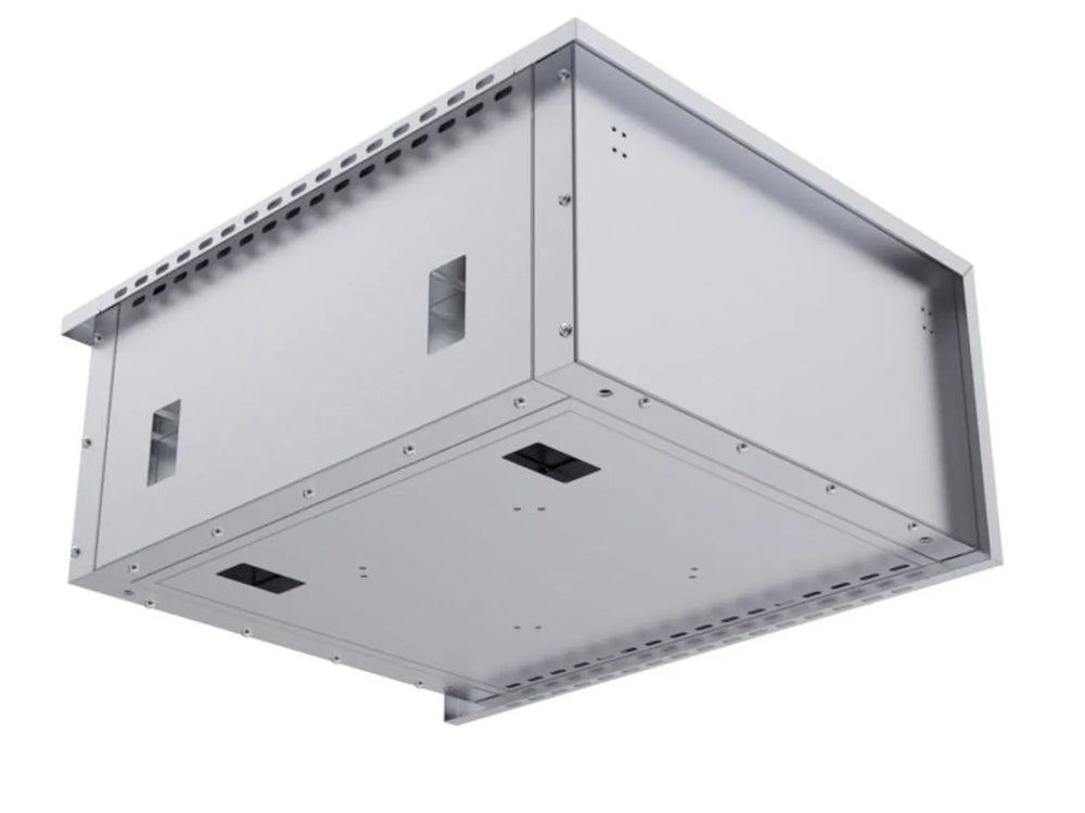 Underside perspective of Sunstone SUNJK33 insulated jacket showing utility pass-through ports for outdoor kitchen gas and electrical lines.