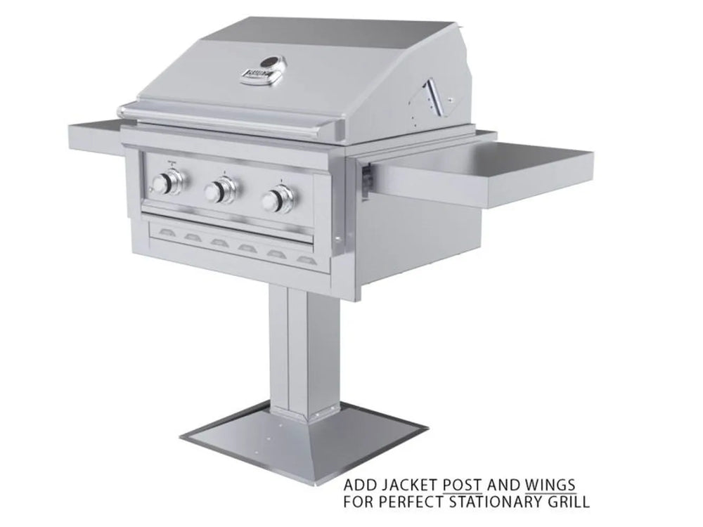 Sunstone SUNJK33 grill jacket shown with optional post mount and side wings for a stationary outdoor grill configuration.