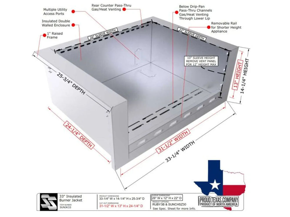 Technical dimensional drawing of Sunstone SUNJK33 with labels for utility access ports, venting channels, and removable rails.