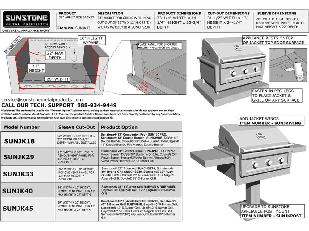 Compatibility chart and specification guide for Sunstone Universal Appliance Jackets including dimensions for SUNJK33 and other models.