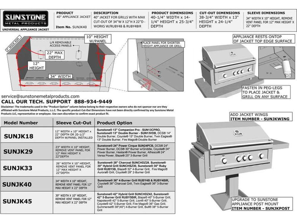 Cut-out guide for Sunstone SUNJK40 showing the 38-3/4" width requirement and proper venting placement for safe island integration.
