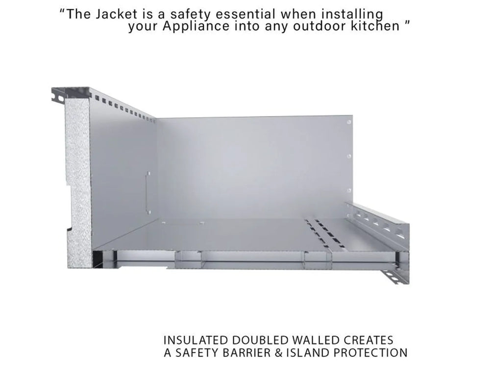 Cross-section diagram of Sunstone SUNJK40 insulated jacket highlighting the zero-clearance safety barrier for combustible island enclosures.