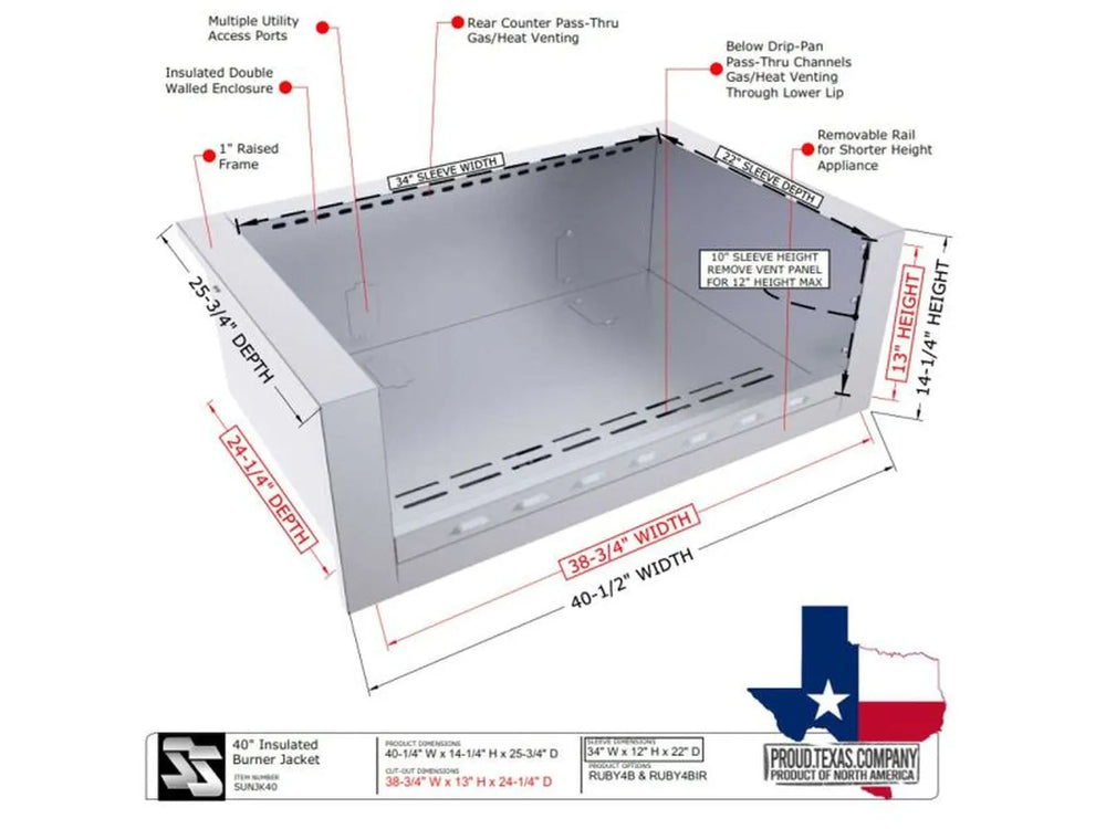 Technical drawing of Sunstone SUNJK40 with 40-1/4" width dimensions and pass-through venting specifications for excess heat release.