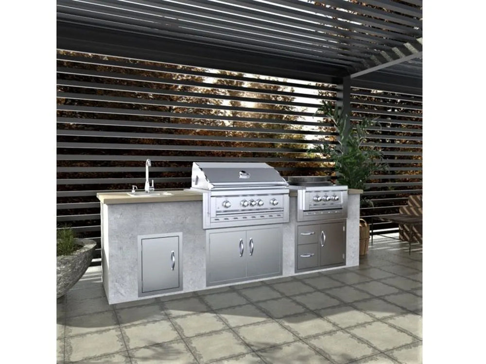 Lifestyle image of a custom outdoor kitchen island featuring the Sunstone SUNJK40 insulated jacket and Ruby 4-Burner infrared gas grill.