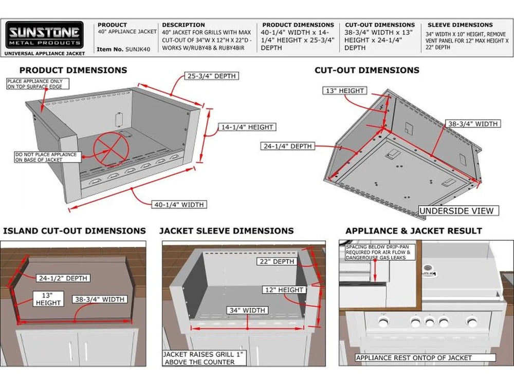 Comprehensive compatibility chart for Sunstone SUNJK40 showing fitment for Ruby series grills and other 36-inch standard grill models.