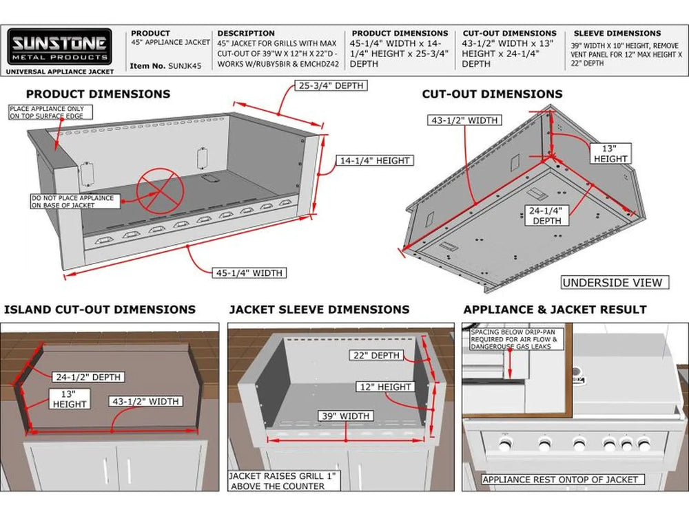 Detailed island cut-out guide for Sunstone SUNJK45 showing 43-3/4" width and 22" depth requirements for safe heat clearance.