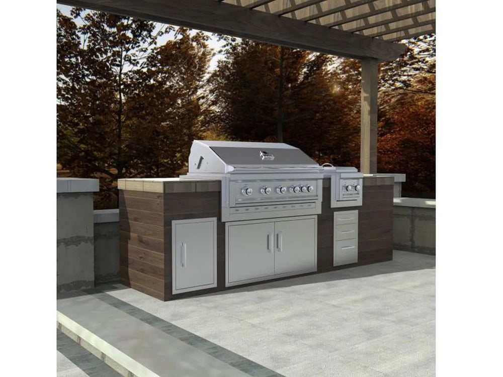 Lifestyle rendering of an expansive outdoor kitchen island featuring the Sunstone SUNJK45 insulated jacket and Ruby 5-Burner gas grill.