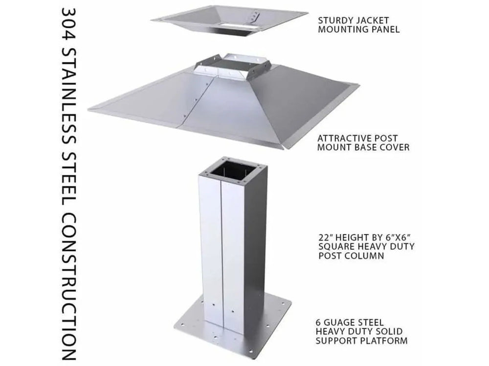 Technical dimensional drawing of the 22-inch Sunstone SUNJKPOST highlighting the 304-grade stainless steel thickness and height.