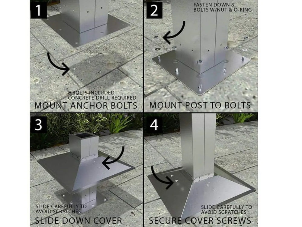 Installation diagram showing the SUNJKPOST paired with a Sunstone appliance jacket and side wings for a standalone grill station.