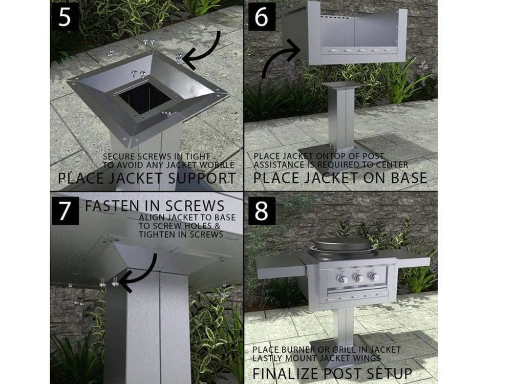 Rendering of a SUNJKPOST installed in a commercial outdoor setting with a Ruby series gas grill.