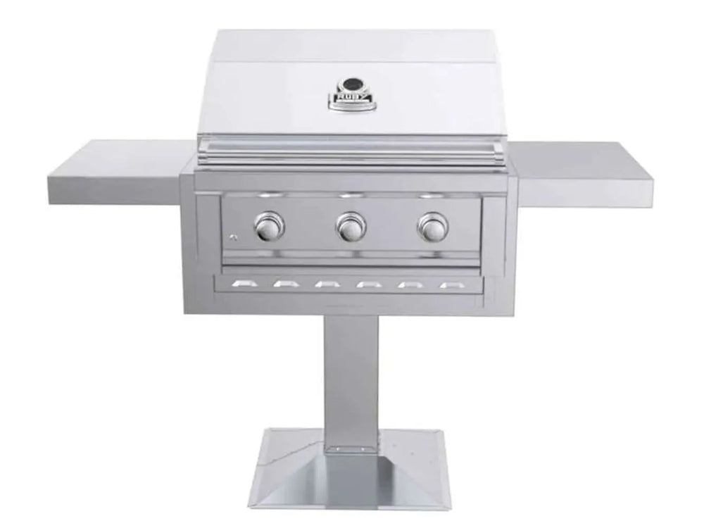 Stainless steel built-in grill with Sunstone SUNJKWING 304 SS jacket wings installed as side shelves using adjustable brackets.