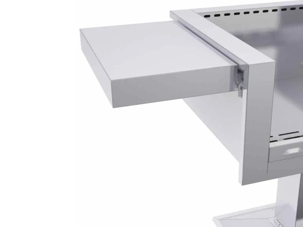 Close-up of Sunstone SUNJKWING 304 stainless steel jacket wing side shelf mounted to a grill with adjustable bracket hardware.